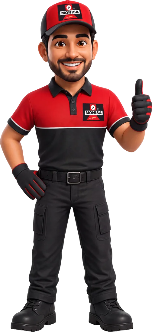 The G-Monisa electrician mascot in a red and black uniform, giving a thumbs up